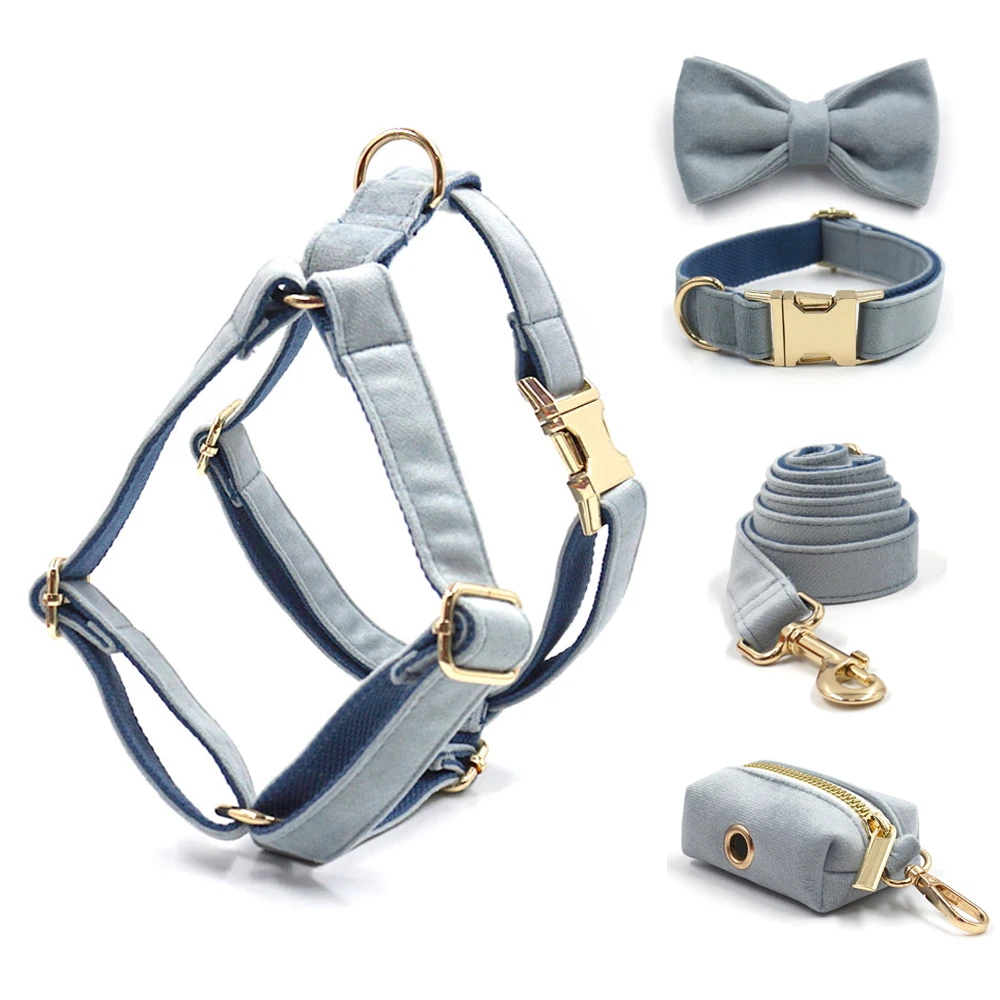 Dusty Blue Velvet Personalized Pet Harness for Dog Luxury Designer Dog Harness Collar and Lead Bow with Poop Bag Holder 5PCS Set
Dusty Blue Velvet Personalized Pet Harness for Dog Luxury Designer Dog Harness Collar and Lead Bow with Poop Bag Holder 5PCS Set
