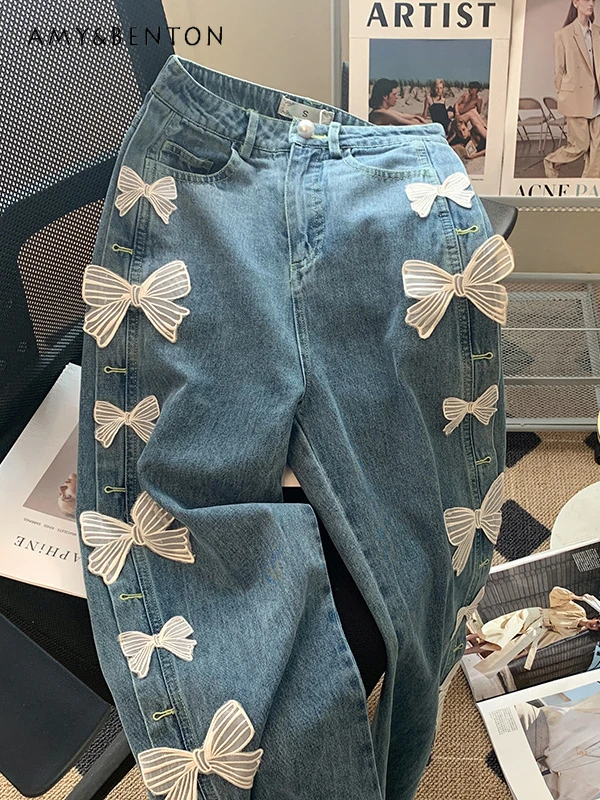 Blue Bow Jeans Women Spring New French Elegant Lace High Waist Loose Wide Leg Pants Commuter Style Fashion Casual Straight Pants
Blue Bow Jeans Women Spring New French Elegant Lace High Waist Loose Wide Leg Pants Commuter Style Fashion Casual Straight Pants