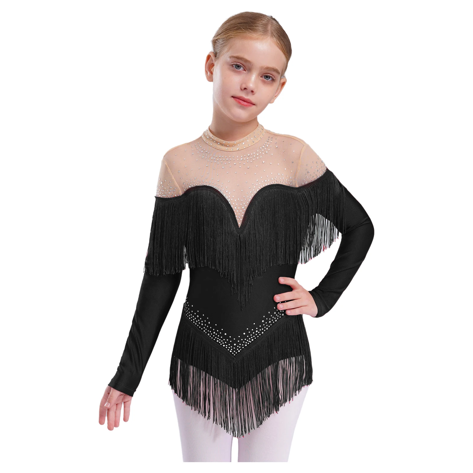 Girls Fringed Dance Leotard Latin Ballroom Rumba Costumes Rhinestones Long Sleeves Tassel Bodysuit for Skating Tango Samba Jazz 
Girls Fringed Dance Leotard Latin Ballroom Rumba Costumes Rhinestones Long Sleeves Tassel Bodysuit for Skating Tango Samba Jazz