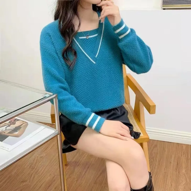 Женская одежда, пуловер с круглым вырезом на осень и зиму, свитер контрастных цветов с длинным рукавом и винтовыми нитями, вязаные свободные Модные топы 
Женская одежда, пуловер с круглым вырезом на осень и зиму, свитер контрастных цветов с длинным рукавом и винтовыми нитями, вязаные свободные Модные топы