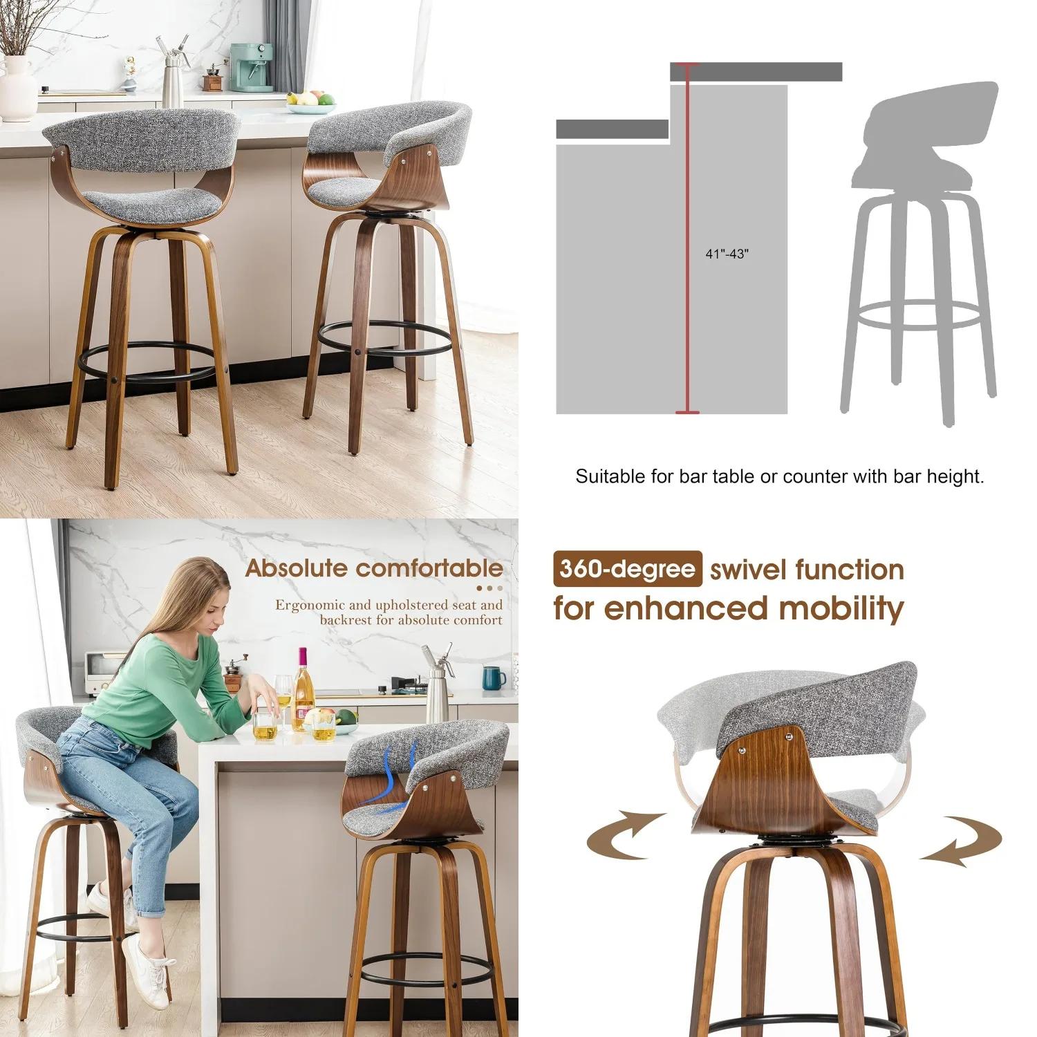 29.5" Swivel Barstools Set of 2 Mid Century Gray Fabric Upholstered Walnut Wood Frame Home Bar Furniture, Customized
29.5" Swivel Barstools Set of 2 Mid Century Gray Fabric Upholstered Walnut Wood Frame Home Bar Furniture, Customized