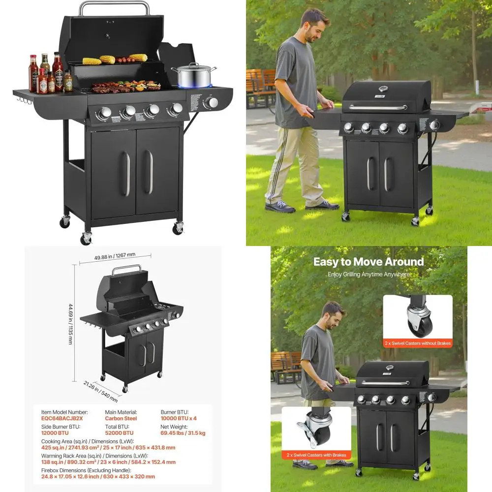 Gas Grill, 4 Burner Propane Gas Grill with Side Burner, 425 SQ.In Grilling Area, Carbon Steel Enamel Grates, Outdoor 52,000 BTU
Gas Grill, 4 Burner Propane Gas Grill with Side Burner, 425 SQ.In Grilling Area, Carbon Steel Enamel Grates, Outdoor 52,000 BTU
