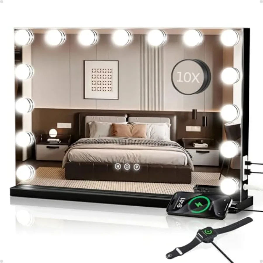 Hollywood Vanity Mirror with Lights, Makeup Mirror with 15 Dimmable Bulbs, 3 Color Lights, Touch Control, 10X Magnifier, USB/Ty
Hollywood Vanity Mirror with Lights, Makeup Mirror with 15 Dimmable Bulbs, 3 Color Lights, Touch Control, 10X Magnifier, USB/Ty