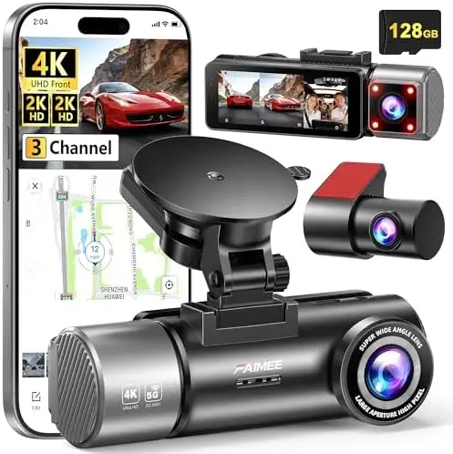 4K+2K+2K Triple Channel Dash Cam with 128GB Card, 5.8G WiFi, GPS, Night Vision, 24H Parking Monitor
4K+2K+2K Triple Channel Dash Cam with 128GB Card, 5.8G WiFi, GPS, Night Vision, 24H Parking Monitor