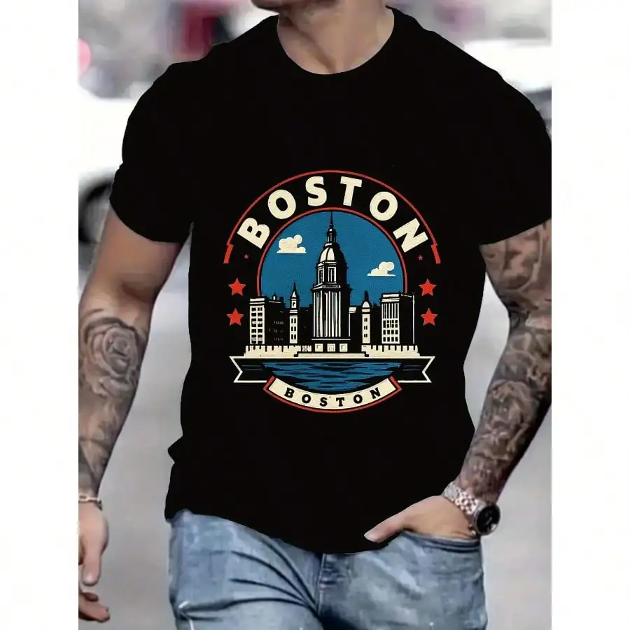 Men's Retro Boston Skyline Graphic T-Shirt - Summer Casual Streetwear Tee with City Print, Regular Fit Round Neck, Machine
Men's Retro Boston Skyline Graphic T-Shirt - Summer Casual Streetwear Tee with City Print, Regular Fit Round Neck, Machine