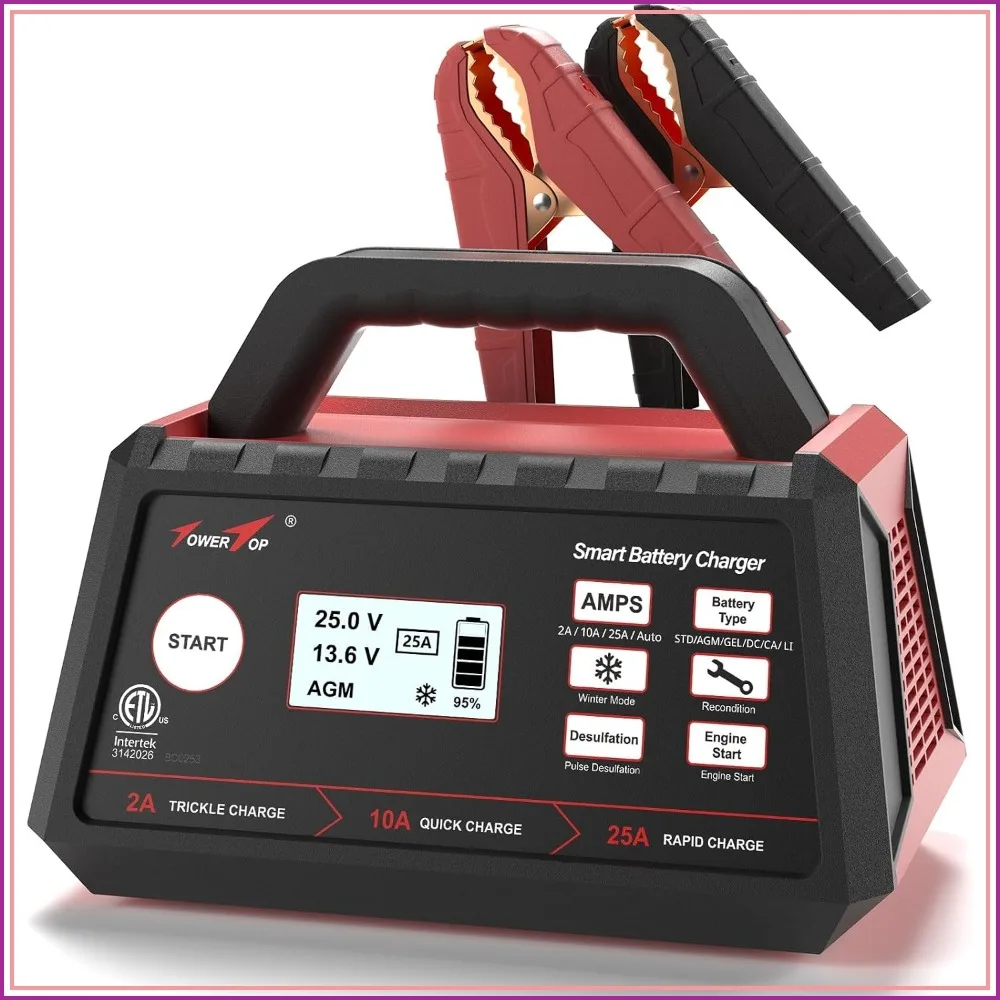 12V 25A Smart Car Battery Charger, Fully Automatic Maintainer with Engine Start, Desulfator, Repair, Winter Mode for AGM/GEL/STD/Deep Cycle
12V 25A Smart Car Battery Charger, Fully Automatic Maintainer with Engine Start, Desulfator, Repair, Winter Mode for AGM/GEL/STD/Deep Cycle