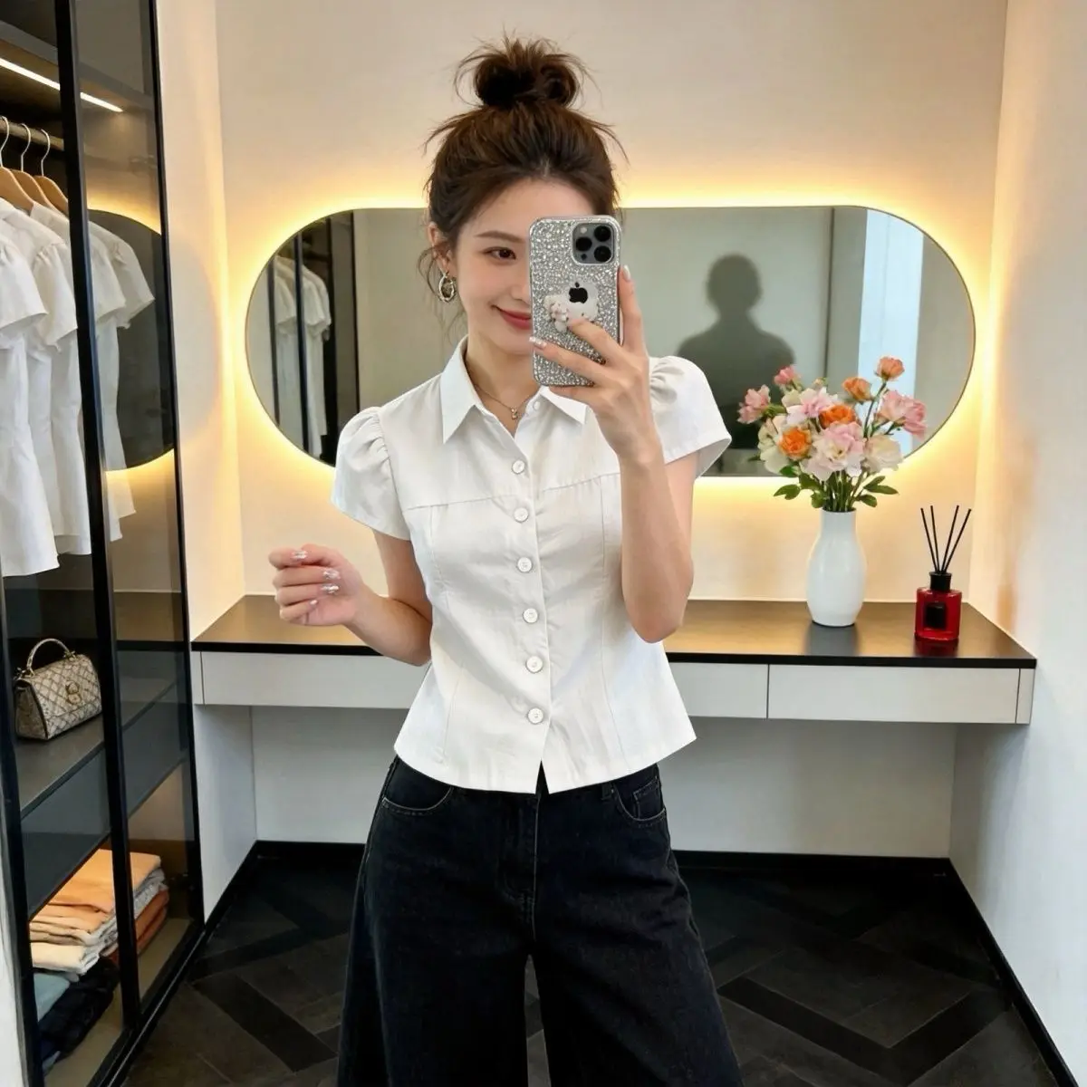 Retro Korean Style Women's Neck Short Sleeve Shirt Slim Fit Design Summer Fashionable Top Quality High-End Short Length
Retro Korean Style Women's Neck Short Sleeve Shirt Slim Fit Design Summer Fashionable Top Quality High-End Short Length