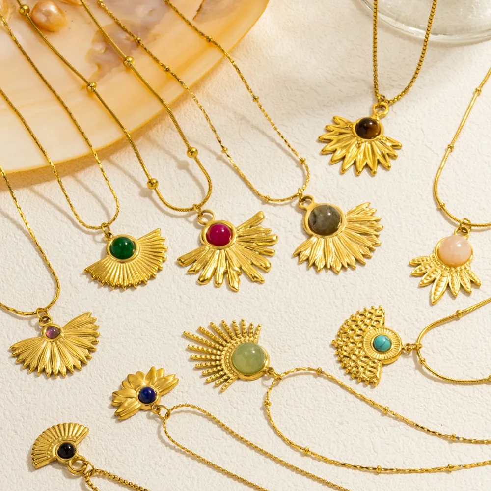 Titanium Steel Sunflower Necklace Tiger Eye Stone Vintage Fan Shape Necklace Bohemia Style Neck Jewelry Collarbone Necklace
Titanium Steel Sunflower Necklace Tiger Eye Stone Vintage Fan Shape Necklace Bohemia Style Neck Jewelry Collarbone Necklace