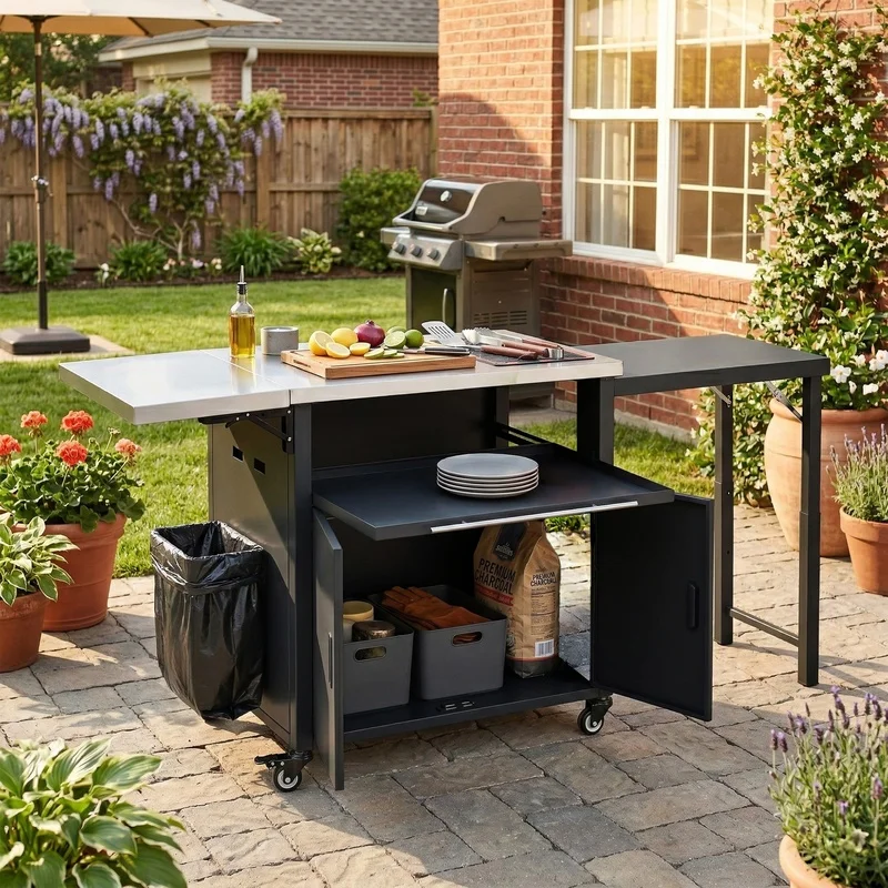 Foldable Outdoor BBQ Cart with Storage, Trash Rack, and Foldable Top for Patio or Backyard – Black
Foldable Outdoor BBQ Cart with Storage, Trash Rack, and Foldable Top for Patio or Backyard – Black