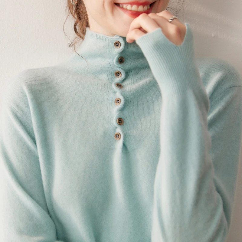 Classic Buttons Half Collar Pullover Sweater Women's 100% Cashmere Knitwear Autumn Winter Loose Simple Long Sleeve Clothing Tops
Classic Buttons Half Collar Pullover Sweater Women's 100% Cashmere Knitwear Autumn Winter Loose Simple Long Sleeve Clothing Tops