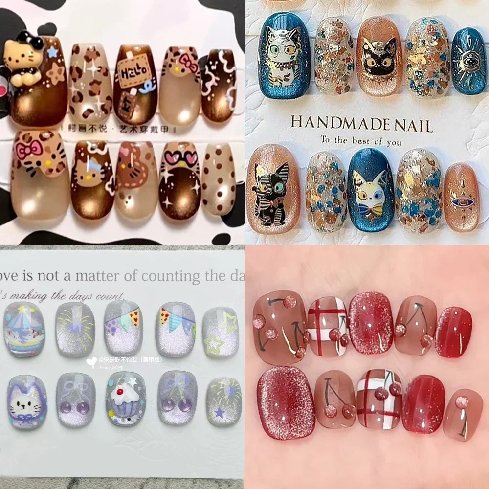 New 10Pcs Colorful Cat Eye Kawaii Handmade Press On Nails Full Cover Hand-Painted Cat Lace Bowknot Pearl Wearable False Nail Art
New 10Pcs Colorful Cat Eye Kawaii Handmade Press On Nails Full Cover Hand-Painted Cat Lace Bowknot Pearl Wearable False Nail Art