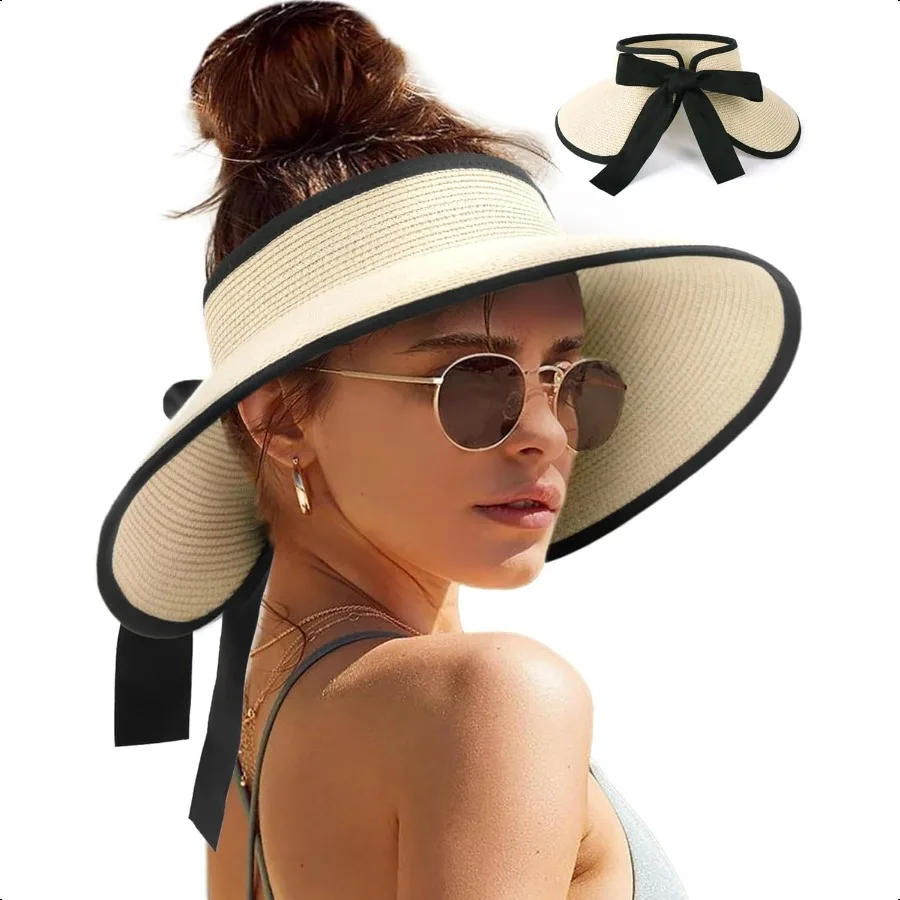 Sun Visors for Women Wide Brim Beach Hat Foldable Straw Visor Hat Ponytail Summer Packable UPF 50+
Sun Visors for Women Wide Brim Beach Hat Foldable Straw Visor Hat Ponytail Summer Packable UPF 50+