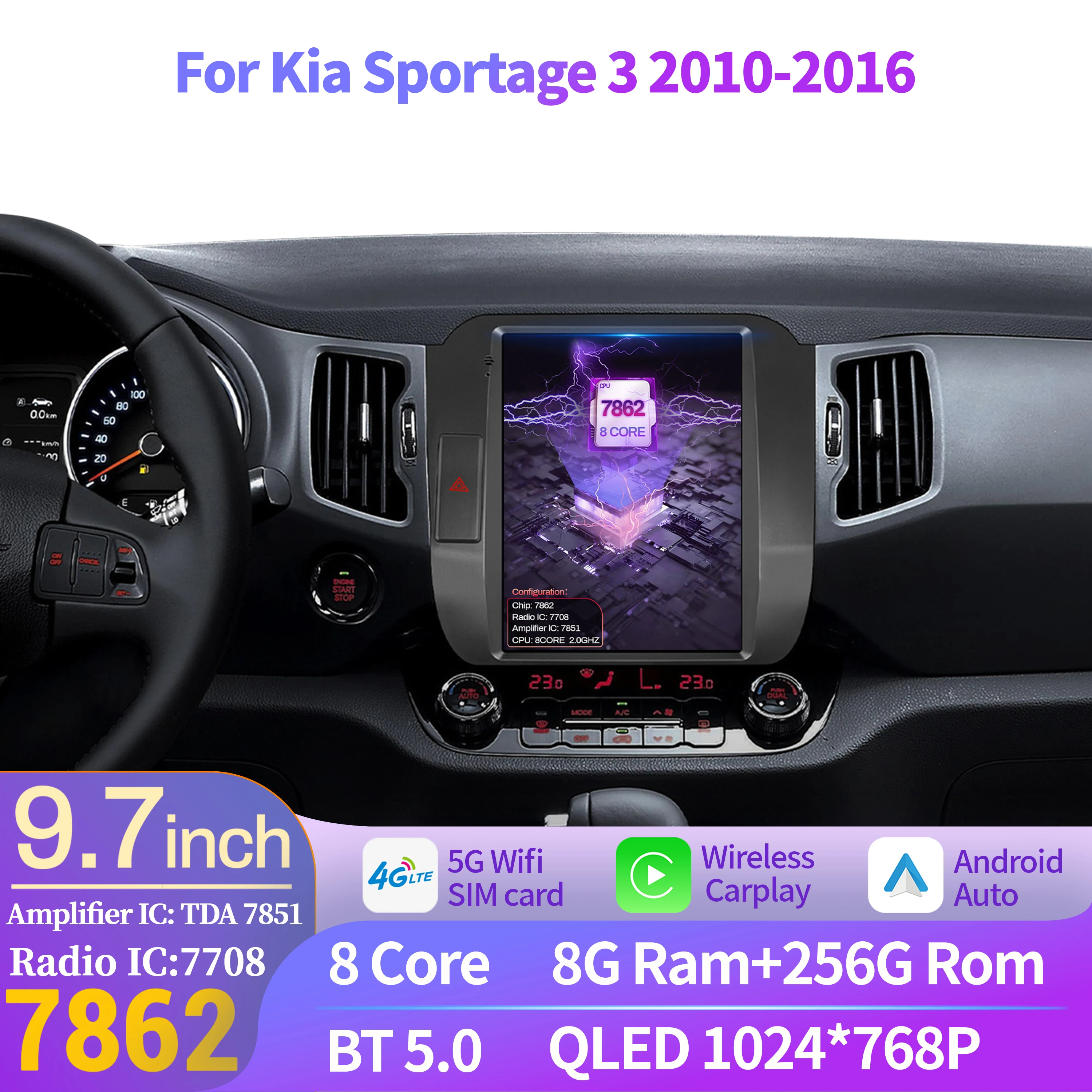 9.7inch For Kia Sportage 3 2010-2016 Car Radio Wireless BT CarPlay Android 14 GPS Navigation Multimedia Head Unit QLED Screen
9.7inch For Kia Sportage 3 2010-2016 Car Radio Wireless BT CarPlay Android 14 GPS Navigation Multimedia Head Unit QLED Screen