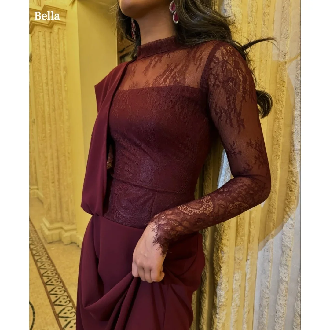 Bella Customized Party Dresses Prom Dress robes de soirée Burgundy High Neck Sheer Lace Long Sleeve Draped Satin Formal Gown
Bella Customized Party Dresses Prom Dress robes de soirée Burgundy High Neck Sheer Lace Long Sleeve Draped Satin Formal Gown