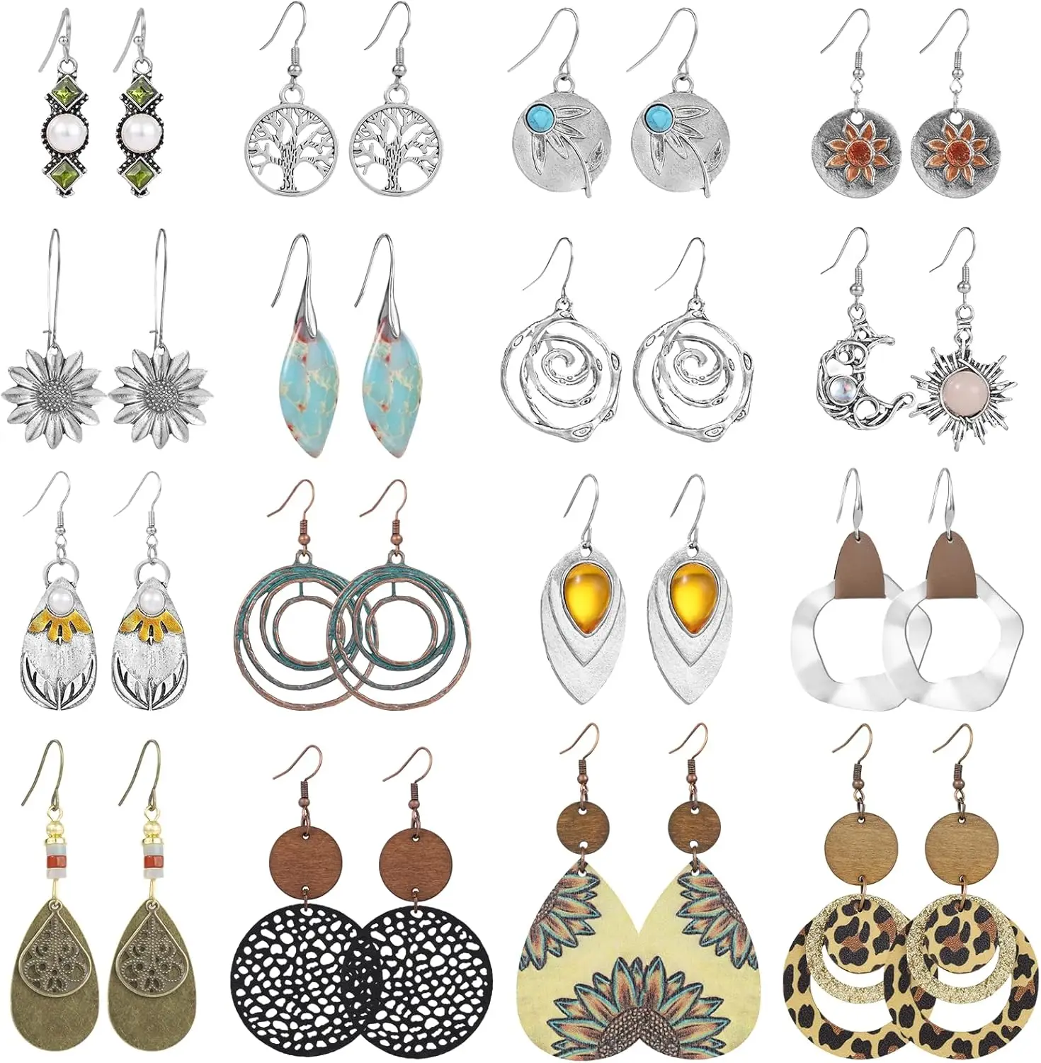 16 Pairs Trendy Dangle Earrings Set, Boho Vintage Statement Sunflower Geometric Wooden Leather Jewelry
16 Pairs Trendy Dangle Earrings Set, Boho Vintage Statement Sunflower Geometric Wooden Leather Jewelry