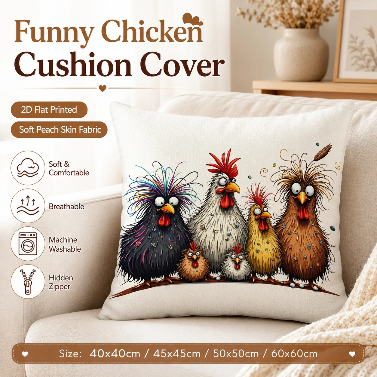 Funny Chicken Pillowcase Peach Skin 2D Flat Printed Cushion Cover Crazy Rooster Animal Throw Pillow Case Farmhouse Decor
Funny Chicken Pillowcase Peach Skin 2D Flat Printed Cushion Cover Crazy Rooster Animal Throw Pillow Case Farmhouse Decor