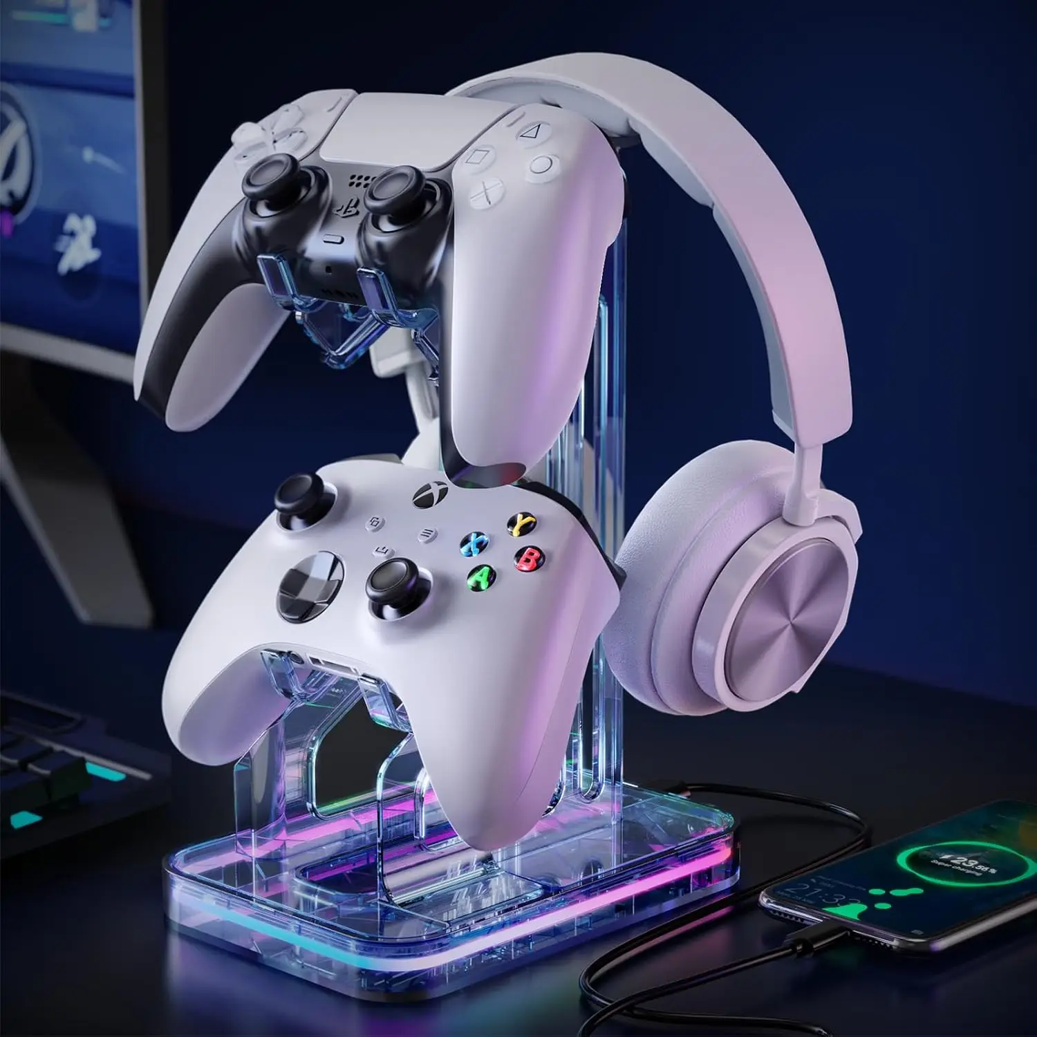 Подставка для игровой гарнитуры RGB с USB-портами для зарядки, держатель для контроллера для настольных геймеров
Подставка для игровой гарнитуры RGB с USB-портами для зарядки, держатель для контроллера для настольных геймеров