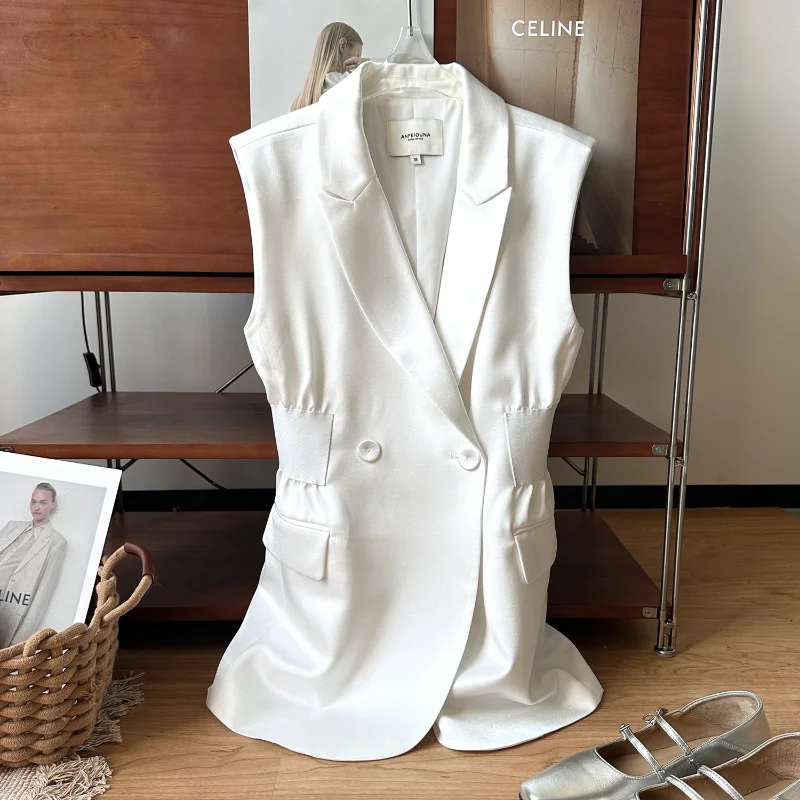Women French White Satin Waisted Mid-length Suit Vest Office High Quality Korean Chic Elegant Casual Loose Sleeveless Jacket
Women French White Satin Waisted Mid-length Suit Vest Office High Quality Korean Chic Elegant Casual Loose Sleeveless Jacket
