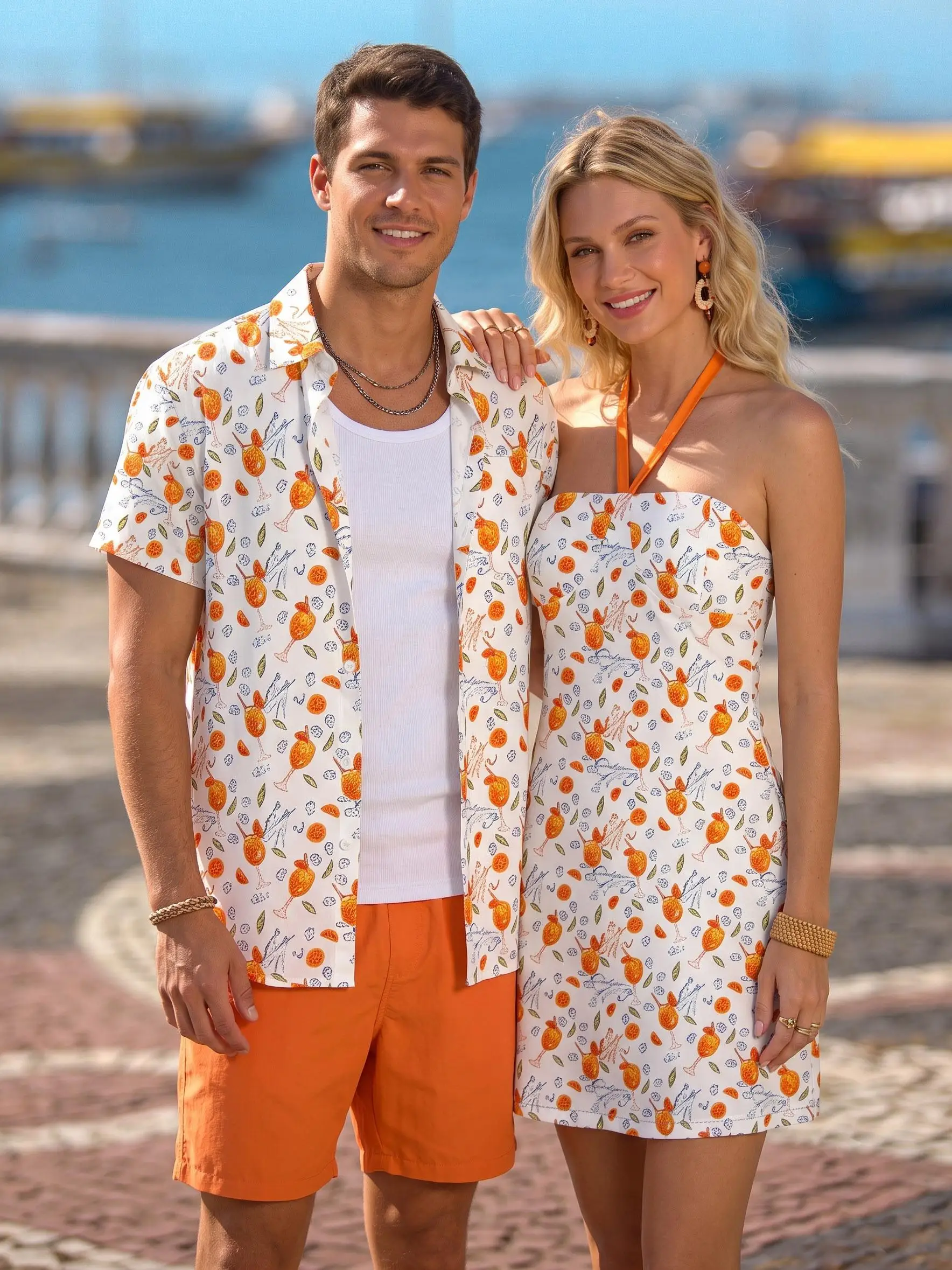 New Clothing Matching Hawaii Outfit For Couples, Orange Juice Print Men Button Pocket Shirt Or Women Halter A Line Mini Dress
New Clothing Matching Hawaii Outfit For Couples, Orange Juice Print Men Button Pocket Shirt Or Women Halter A Line Mini Dress