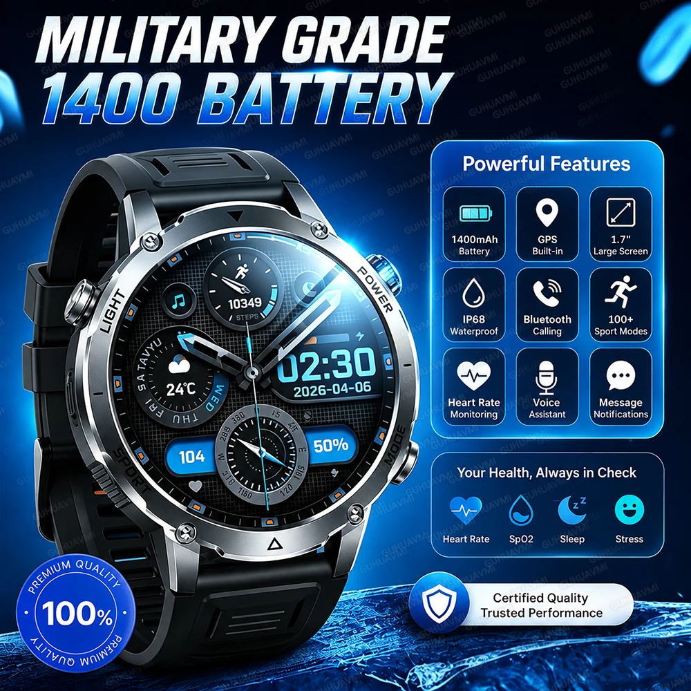 2026 New Outdoor Military Smart Watch Men 1400mAh Battery IP68K Swim Tactics GPS Flashlight Heart Rate Bluetooth Call Smartwatch
2026 New Outdoor Military Smart Watch Men 1400mAh Battery IP68K Swim Tactics GPS Flashlight Heart Rate Bluetooth Call Smartwatch