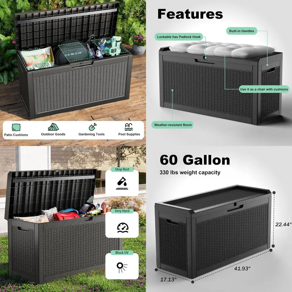Weatherproof 60 Gallon Lockable Deck Box for Outdoor Patio Furniture, Cushions, Garden Tools, and Pool Supplies - Black
Weatherproof 60 Gallon Lockable Deck Box for Outdoor Patio Furniture, Cushions, Garden Tools, and Pool Supplies - Black