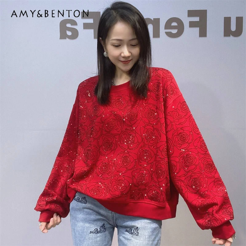 Ladies Rhinestone Short O-Neck Hoodies Autumn Winter New Fashion Versatile Loose Stylish Long Sleeved Top Pullover Sweatshirt
Ladies Rhinestone Short O-Neck Hoodies Autumn Winter New Fashion Versatile Loose Stylish Long Sleeved Top Pullover Sweatshirt