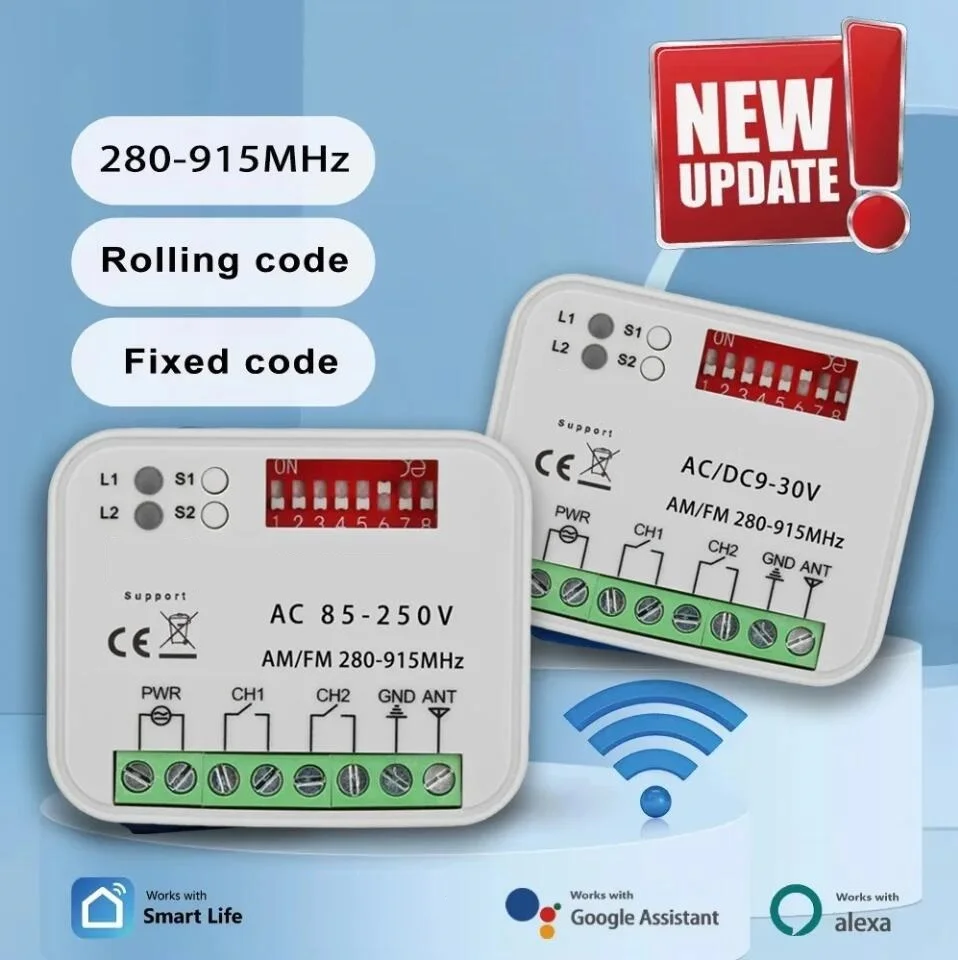 Works With Tuya WiFi Garage Door Receiver 2CH Gate Universal Multi Frequency for 300-900MHz Remote Control Switch 9-30V 85-250V
Works With Tuya WiFi Garage Door Receiver 2CH Gate Universal Multi Frequency for 300-900MHz Remote Control Switch 9-30V 85-250V
