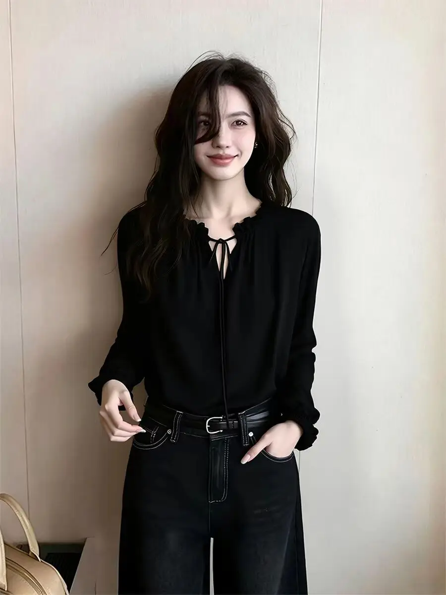 Black V-Neck Belted Long Sleeve Shirt Women's Casual Style Spring New Arrival Important Occasion Formal Inner Wear Top
Black V-Neck Belted Long Sleeve Shirt Women's Casual Style Spring New Arrival Important Occasion Formal Inner Wear Top
