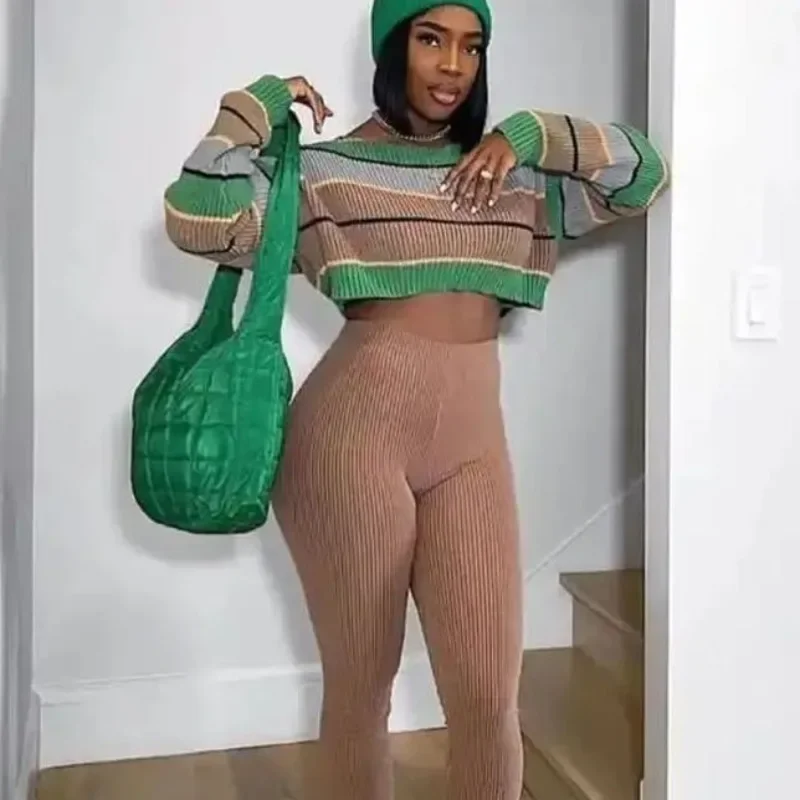 Women Knit Sweater 2 Piece Set Striped Full Sleeve Pullovers Crop Tops + High Waist Skinny Pants Fashion Casual Stretch Suits
Women Knit Sweater 2 Piece Set Striped Full Sleeve Pullovers Crop Tops + High Waist Skinny Pants Fashion Casual Stretch Suits
