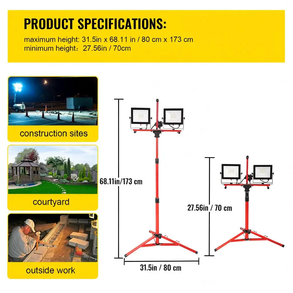 LED Work Light with Stand, 10000 Lumen Dual-head LED Work Light with 27.6\"-68.1\" Adjustable and Foldable Tripod Stand, IP65
LED Work Light with Stand, 10000 Lumen Dual-head LED Work Light with 27.6\"-68.1\" Adjustable and Foldable Tripod Stand, IP65