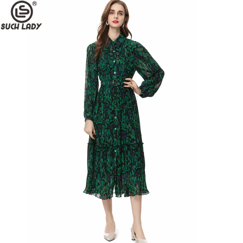Women's Runway Dresses Turn Down Collar Long Sleeves Printed Pleated Elegant High Street Mid Casual Vestidos
Women's Runway Dresses Turn Down Collar Long Sleeves Printed Pleated Elegant High Street Mid Casual Vestidos