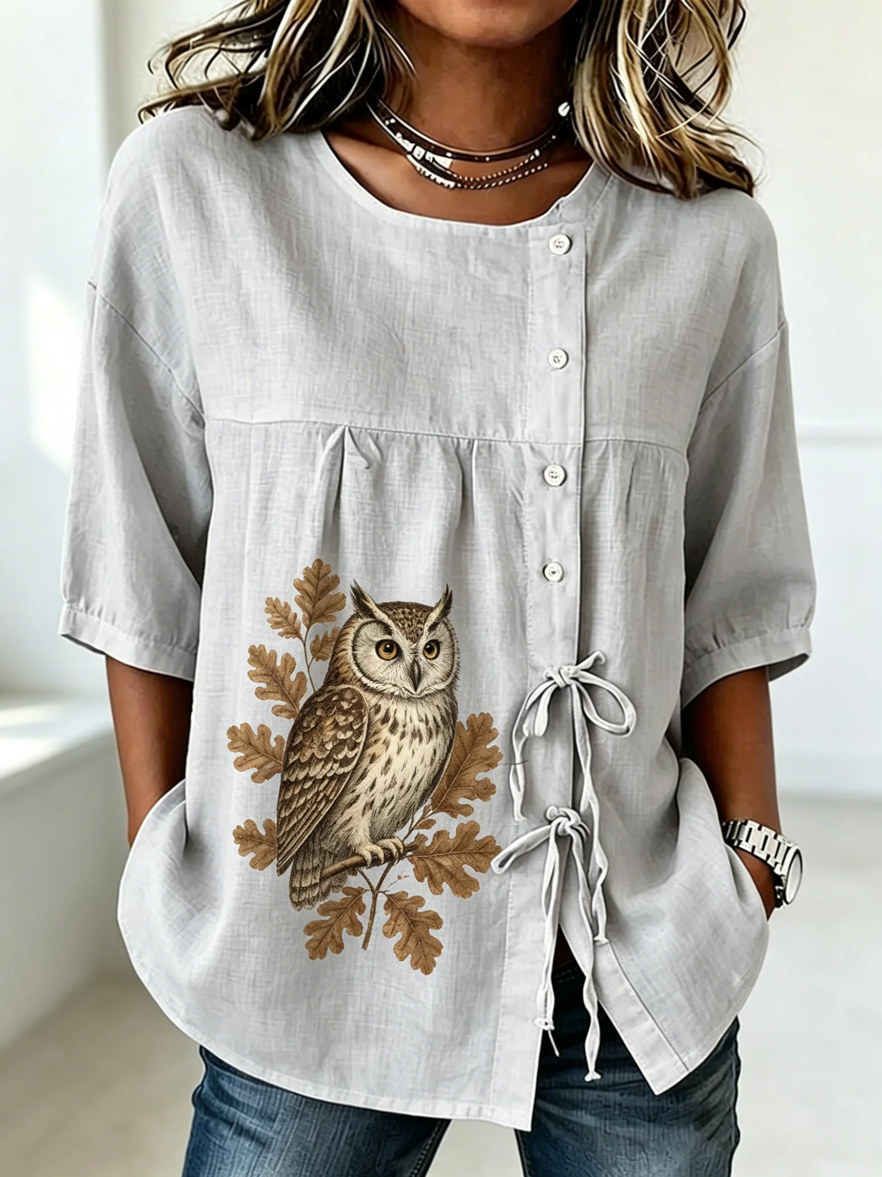 Women's Grey Vintage Owl Print Drawstring Button Up Blouse, Casual Round Neck Tops for Spring Summer Daily Vacation Wear
Women's Grey Vintage Owl Print Drawstring Button Up Blouse, Casual Round Neck Tops for Spring Summer Daily Vacation Wear