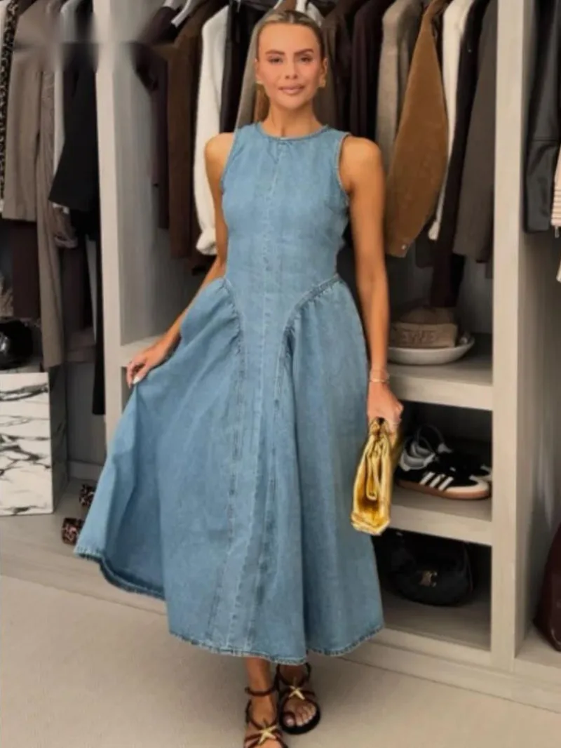 Women Fashion Denim Slim Long Dresses Chic O Neck Sleeveless High Waist Pleated Maxi Dresses Female Commute Street Vestidos PM8Q
Women Fashion Denim Slim Long Dresses Chic O Neck Sleeveless High Waist Pleated Maxi Dresses Female Commute Street Vestidos PM8Q