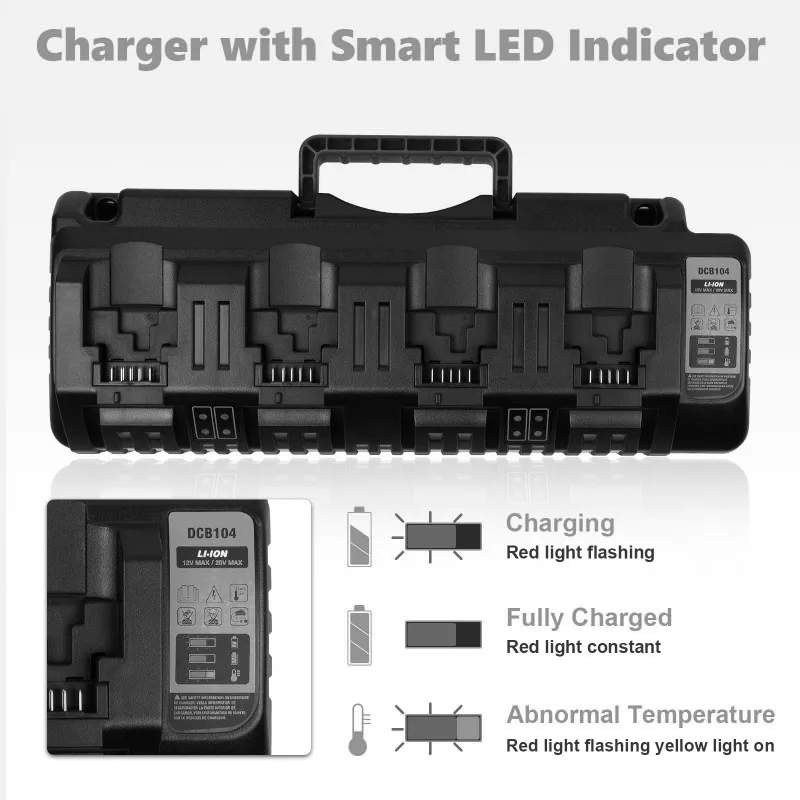 4-port Battery Charger Lithium Battery Fast Charger Features Charging Protection Compatible for DL 14.4–18V Lithium Batteries
4-port Battery Charger Lithium Battery Fast Charger Features Charging Protection Compatible for DL 14.4–18V Lithium Batteries