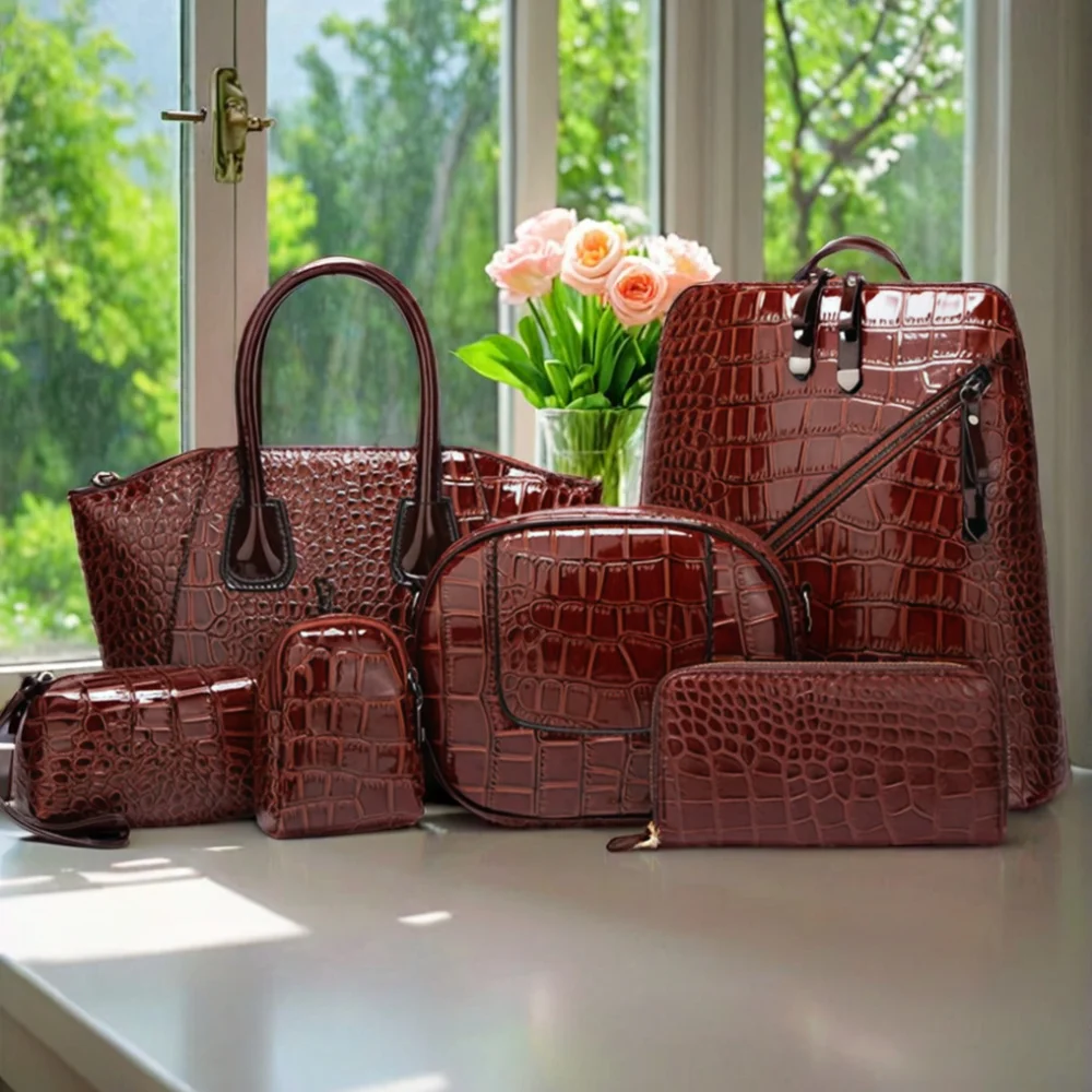 6pcs Set PU Minimalist Crocodile Embossed Women's Bag Set, High Cost Performance, Includes: Backpack, Tote Bag, Shoulder Bag, Clutch, Keybag, Wallet
6pcs Set PU Minimalist Crocodile Embossed Women's Bag Set, High Cost Performance, Includes: Backpack, Tote Bag, Shoulder Bag, Clutch, Keybag, Wallet