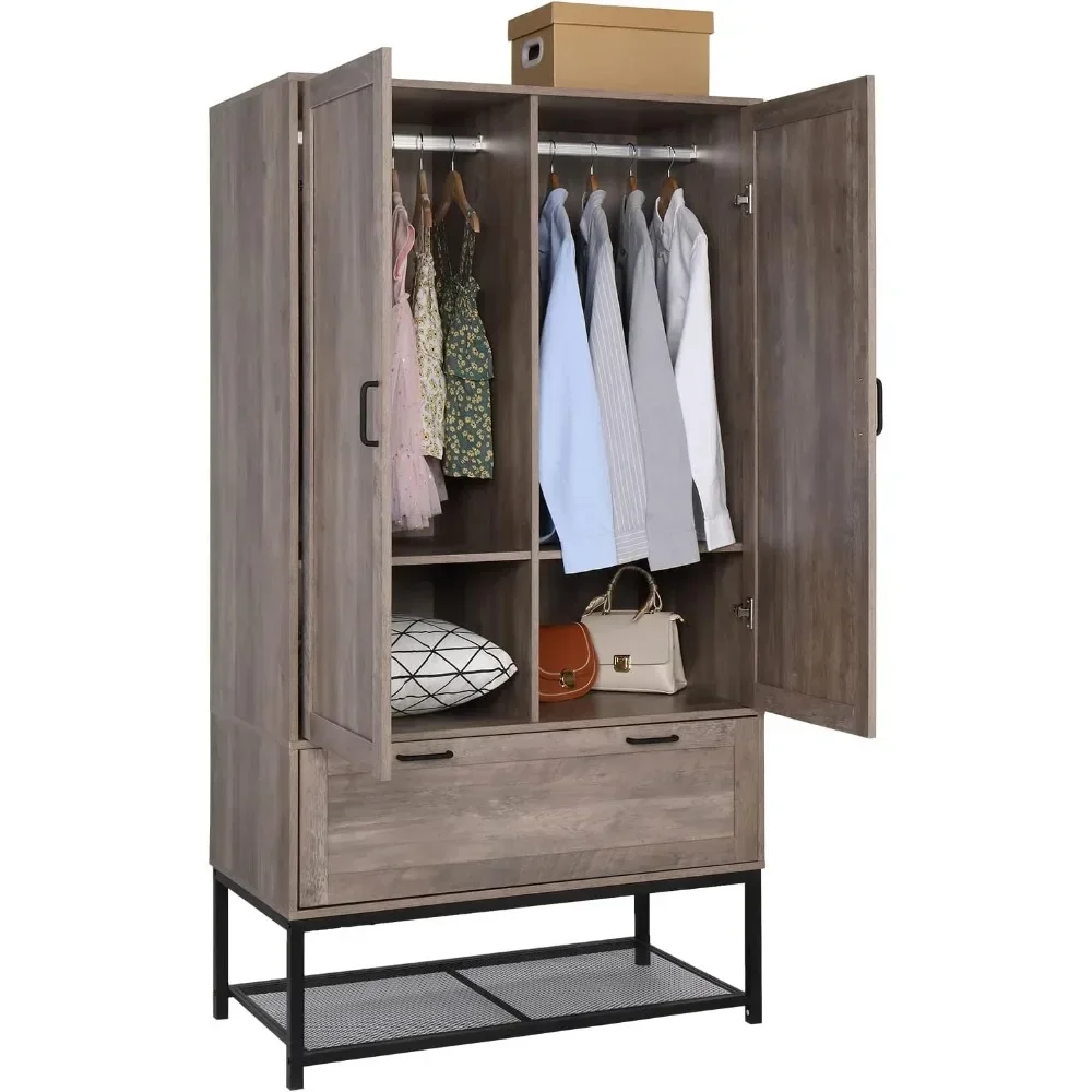 Freestanding Clothing Armoire Wooden Retro Grey Clothes Cabinet with Hanging Rods, Adjustable Shelves, Drawer, Open Compatment
Freestanding Clothing Armoire Wooden Retro Grey Clothes Cabinet with Hanging Rods, Adjustable Shelves, Drawer, Open Compatment