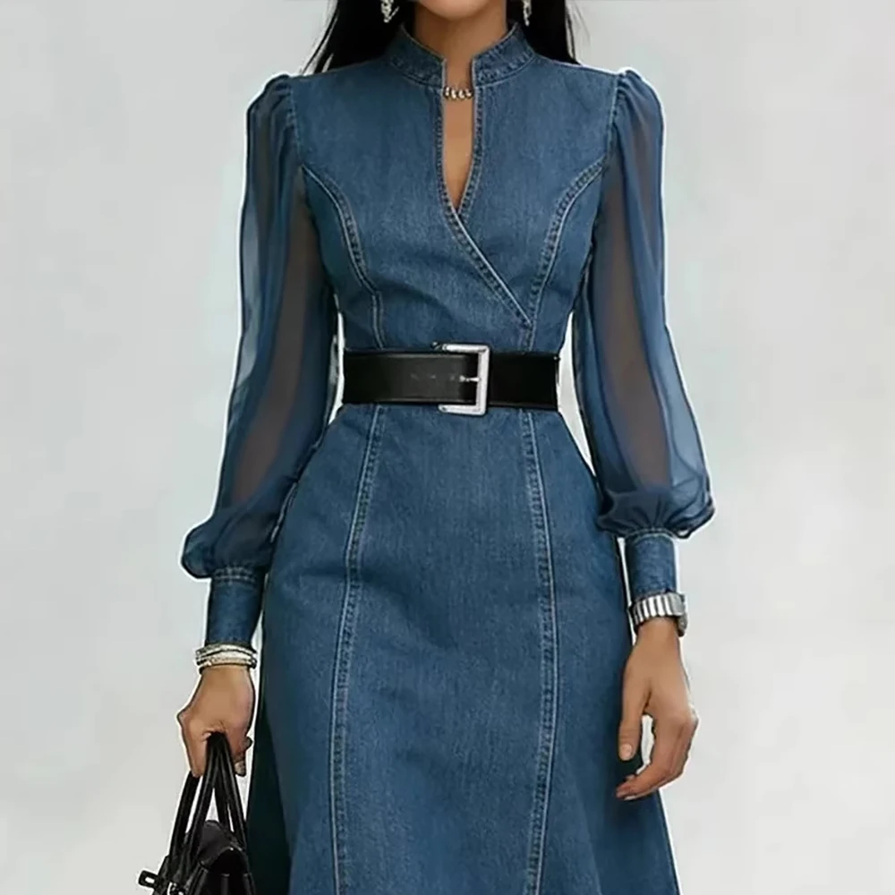 Women's Denim Patchwork Mesh Midi Dress Elegant Tulle Puff Long Sleeve See Through V-Neck A-Line Slim With Belt Vintage Dresses
Women's Denim Patchwork Mesh Midi Dress Elegant Tulle Puff Long Sleeve See Through V-Neck A-Line Slim With Belt Vintage Dresses
