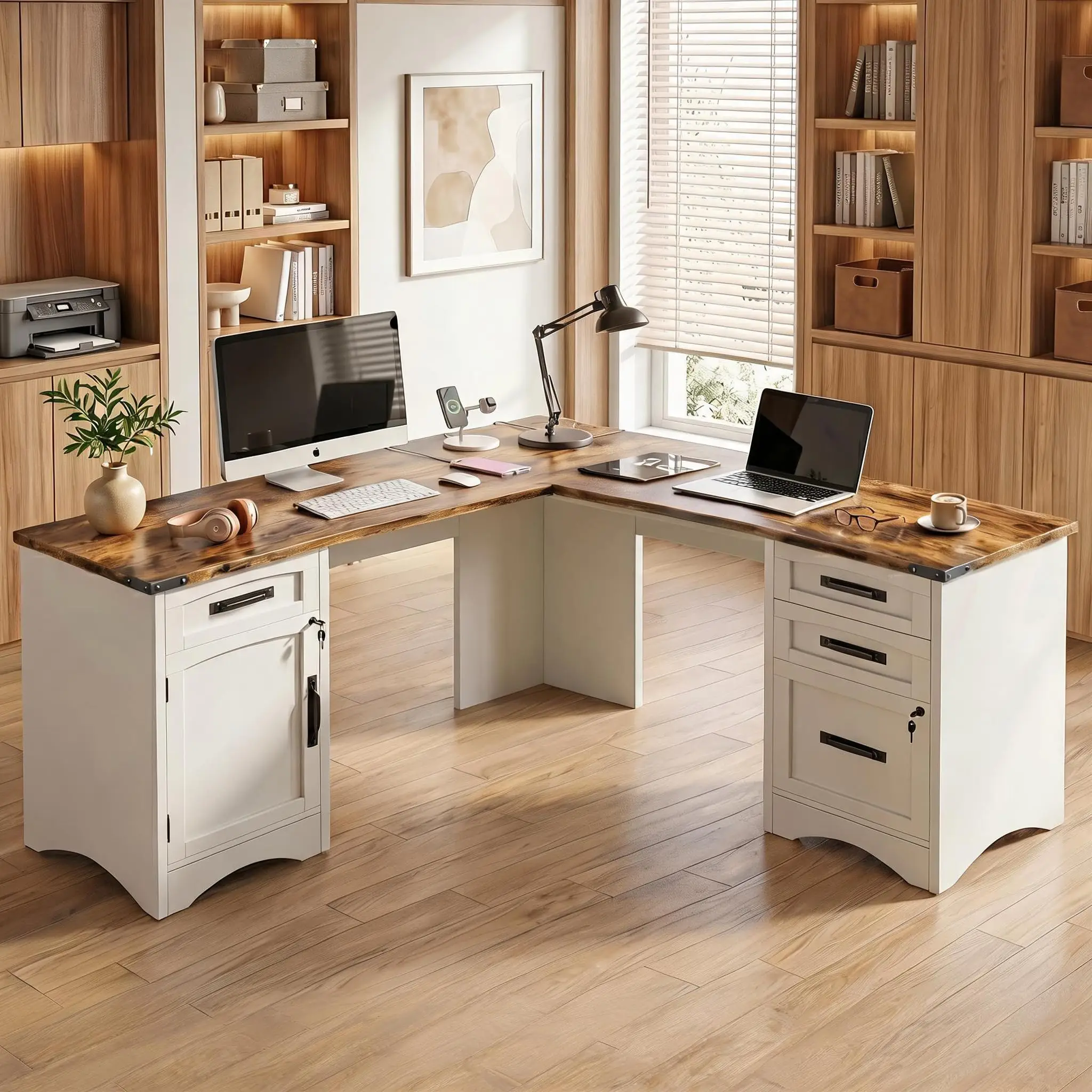 67 Inch Farmhouse L Shaped Office Desk With Drawers Lockable Cabinet Wood Top White
67 Inch Farmhouse L Shaped Office Desk With Drawers Lockable Cabinet Wood Top White