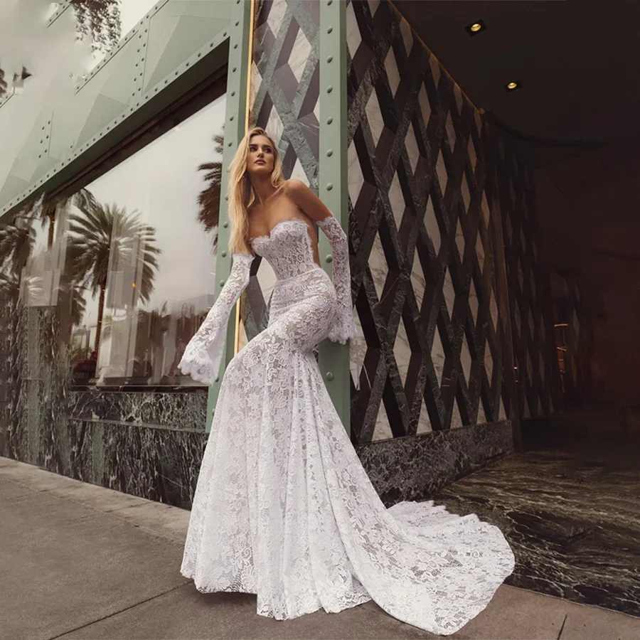 Sweetheart 3/4 Flare Sleeves Mermaid Lace Weddding Dresses Backless See Through And Zipper Bridal Gowns vestidos de novia
Sweetheart 3/4 Flare Sleeves Mermaid Lace Weddding Dresses Backless See Through And Zipper Bridal Gowns vestidos de novia