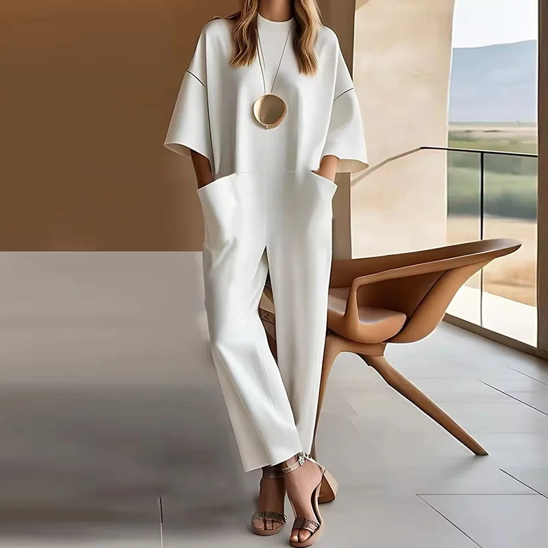 Casual O Neck Loose Pocket Jumpsuits Fashion Simple Women Half Sleeve Straight Playsuits Overalls Elegant Lady Commuting Rompers
Casual O Neck Loose Pocket Jumpsuits Fashion Simple Women Half Sleeve Straight Playsuits Overalls Elegant Lady Commuting Rompers