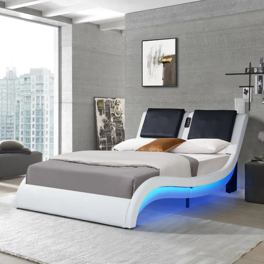 Faux Leather Upholstered Platform Bed Frame with led lighting; Bluetooth connection to play music RGB control; Backrest vibrati
Faux Leather Upholstered Platform Bed Frame with led lighting; Bluetooth connection to play music RGB control; Backrest vibrati