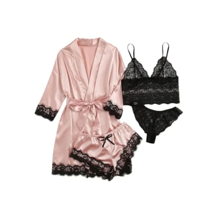 Women' Satin Paja t 4pcs Linrie Floral Lace eepwear wit Ro
Women' Satin Paja t 4pcs Linrie Floral Lace eepwear wit Ro