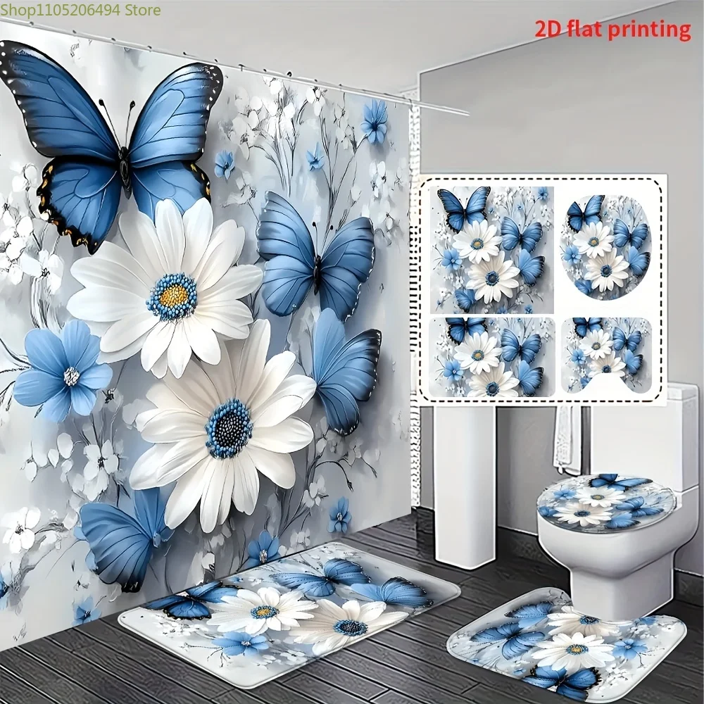 1/3/4pcs, Fashionable and simple Blue Butterfly and White Flower Bathroom Set - 2D FLAT Shower Curtain, Bath Mat, Toilet Lid C
1/3/4pcs, Fashionable and simple Blue Butterfly and White Flower Bathroom Set - 2D FLAT Shower Curtain, Bath Mat, Toilet Lid C