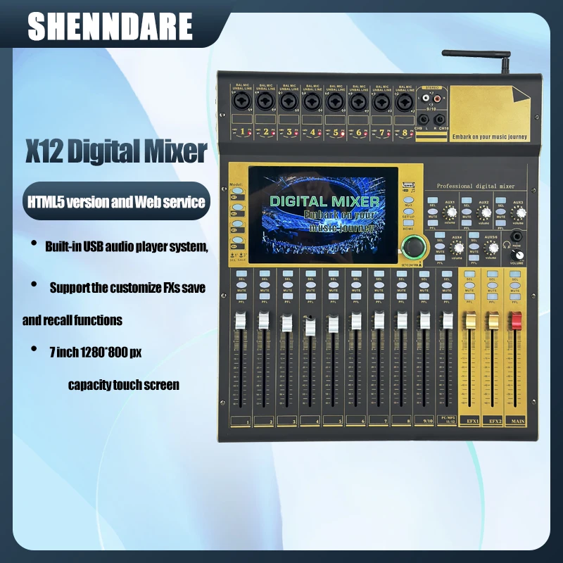 Shenndare X12 Digital Mixer With Wifi 12 Channel Sound Mixer Console DSP Digital Mixer Professional Digital Audio Mixer
Shenndare X12 Digital Mixer With Wifi 12 Channel Sound Mixer Console DSP Digital Mixer Professional Digital Audio Mixer
