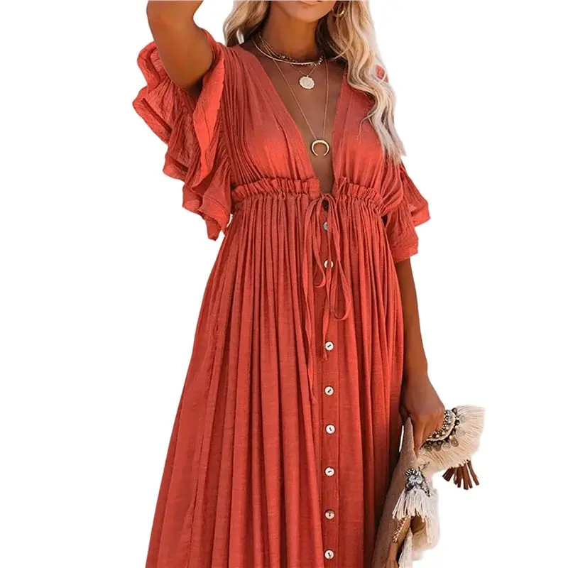 CYL-Women Beach Cover-Up Dress Short Sleeve V-Neck Drawstring Boho Loose Flowy Vacation With Pockets Orange-Red One Size
CYL-Women Beach Cover-Up Dress Short Sleeve V-Neck Drawstring Boho Loose Flowy Vacation With Pockets Orange-Red One Size