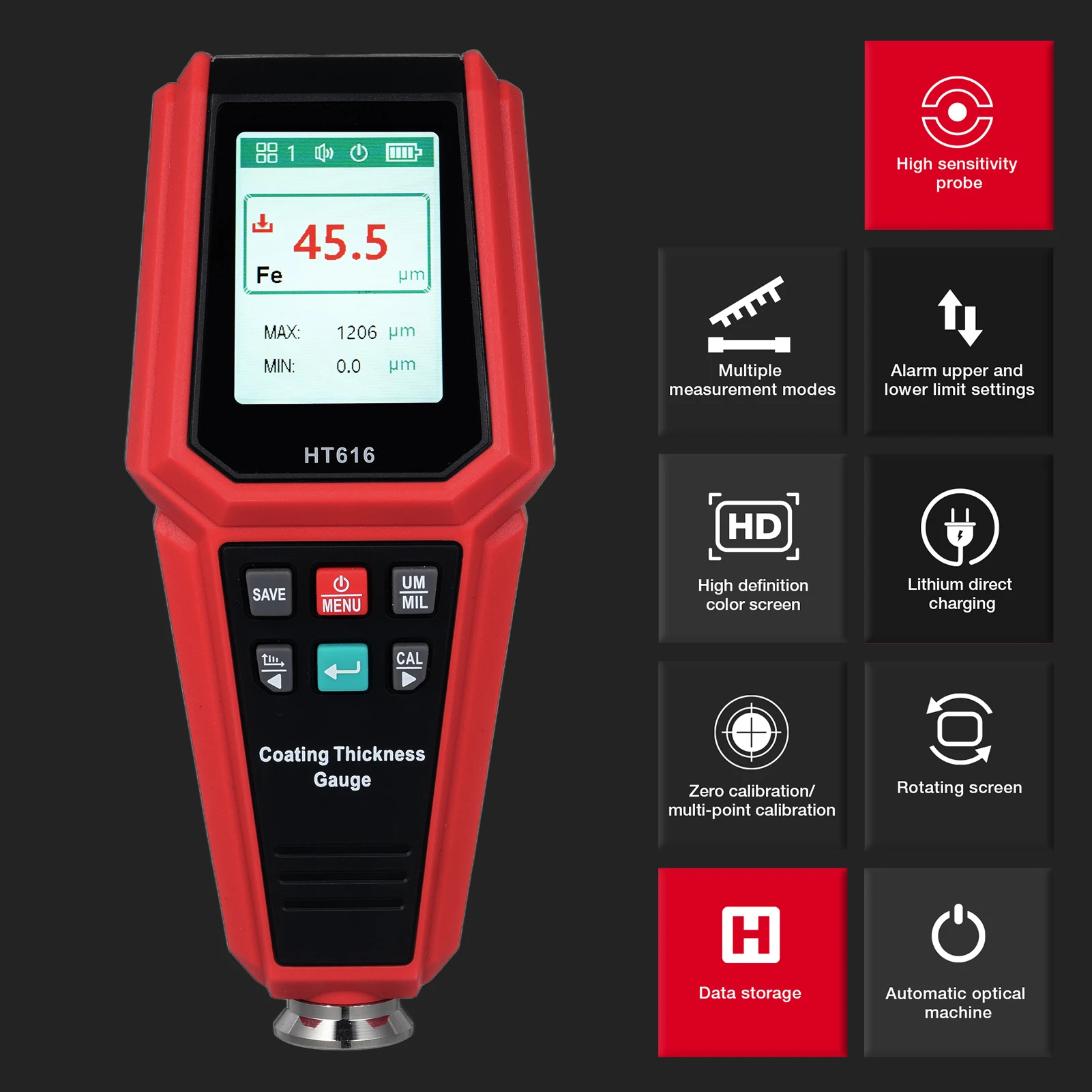 Paint Thickness Gauge Coating Thickness Gauge High Sensitivity Probe 2.0-inch TFT Color Display 256 Data Stores Beeping Sound
Paint Thickness Gauge Coating Thickness Gauge High Sensitivity Probe 2.0-inch TFT Color Display 256 Data Stores Beeping Sound