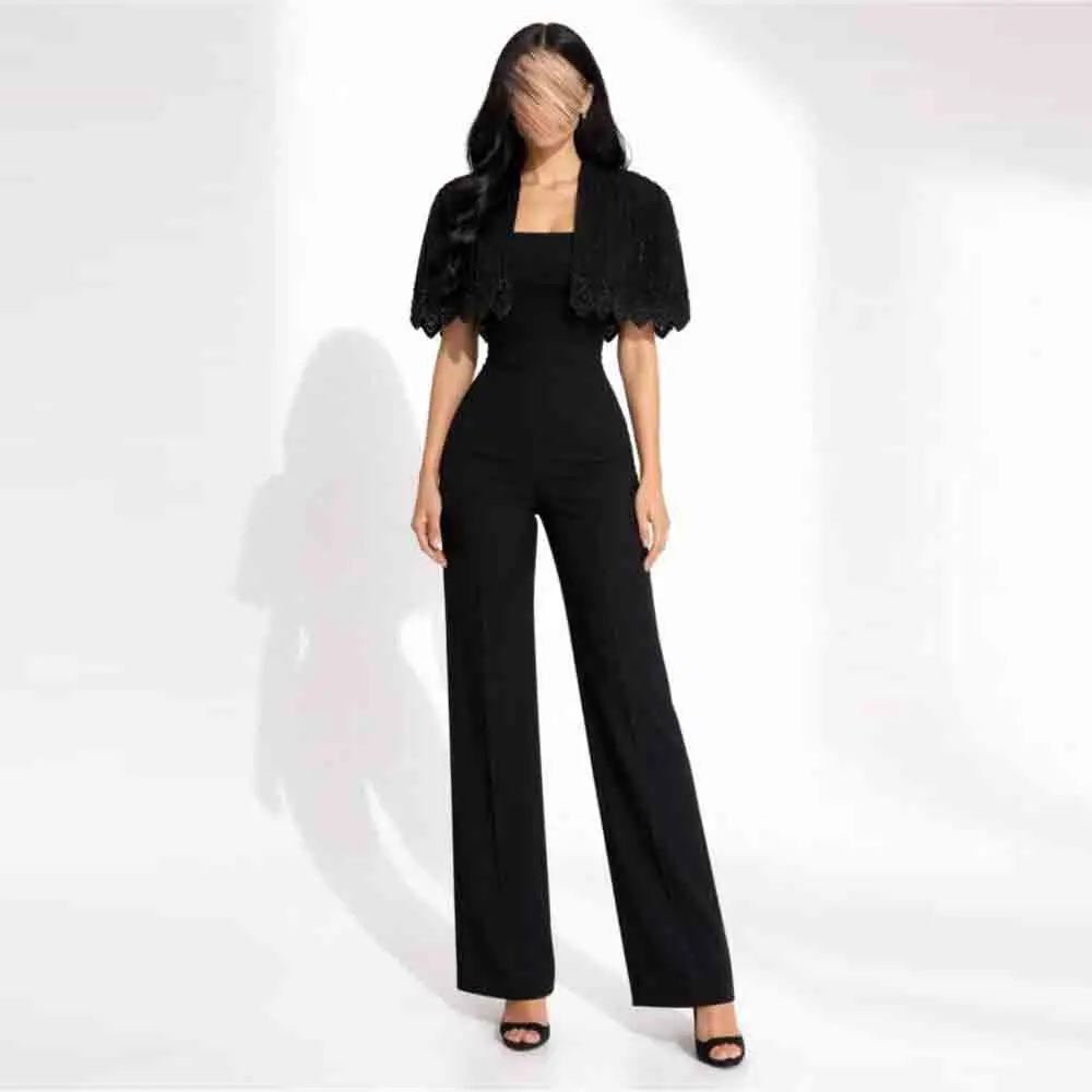 Customized Women Elegant Black Jumpsuit with Lace Cape Set Square Neck High Waist Wide Leg Formal Party Two Piece Romper Outfit
Customized Women Elegant Black Jumpsuit with Lace Cape Set Square Neck High Waist Wide Leg Formal Party Two Piece Romper Outfit