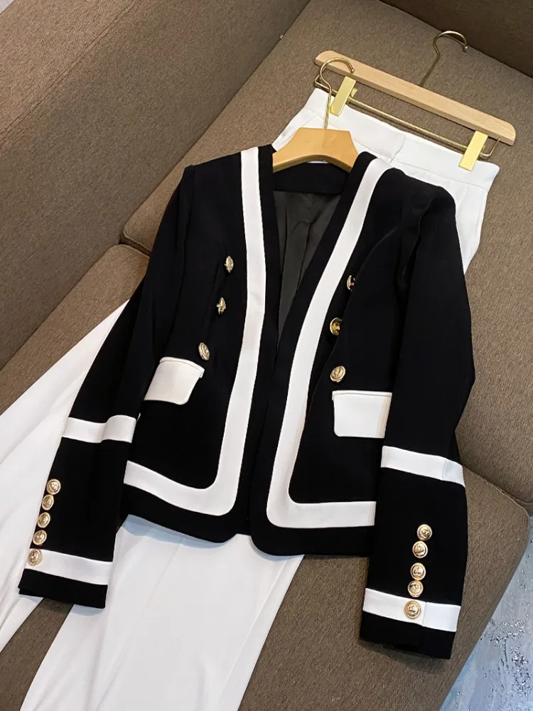 Brand Women's Court Style Jacket Metal Double Row Buttons Black White Contrast Fashion Suit Top Label Removed Polyester Fiber
Brand Women's Court Style Jacket Metal Double Row Buttons Black White Contrast Fashion Suit Top Label Removed Polyester Fiber