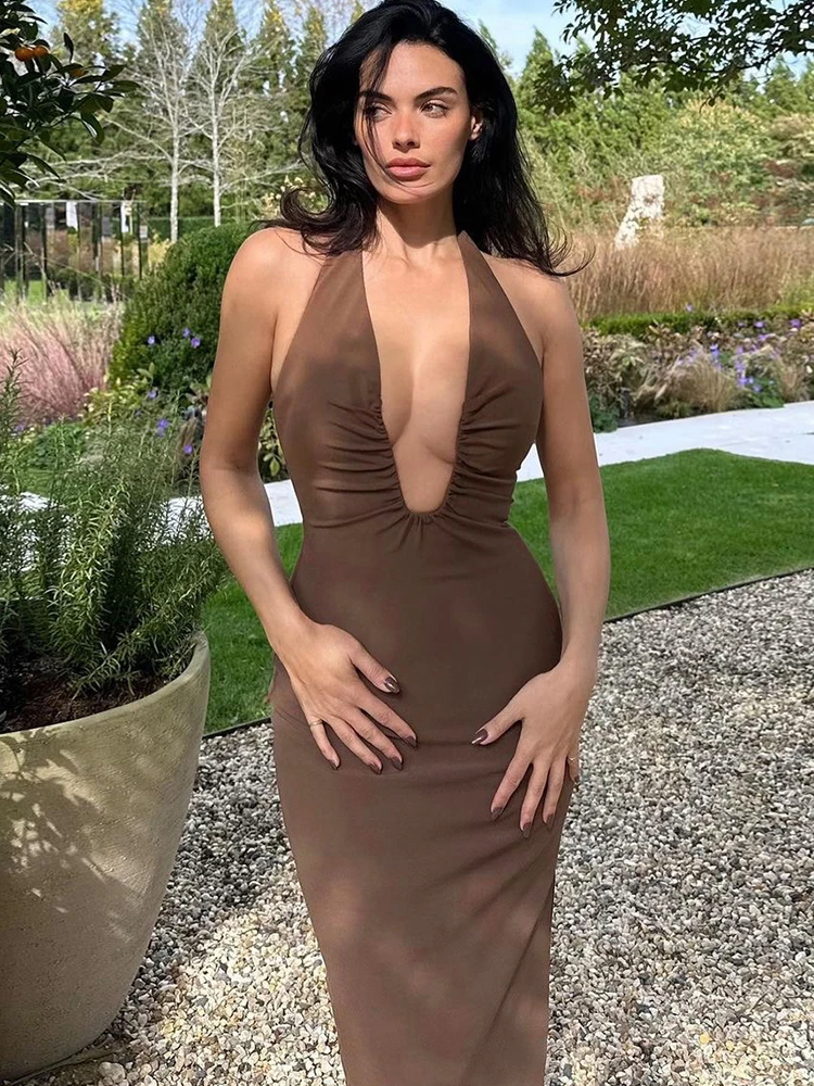 Insglas Elegant Dress Women Summer Ruched Deep V-Neck Sexy Backless Halter Sleeveless Solid Stretch Trend Tight Fit Vestidos
Insglas Elegant Dress Women Summer Ruched Deep V-Neck Sexy Backless Halter Sleeveless Solid Stretch Trend Tight Fit Vestidos