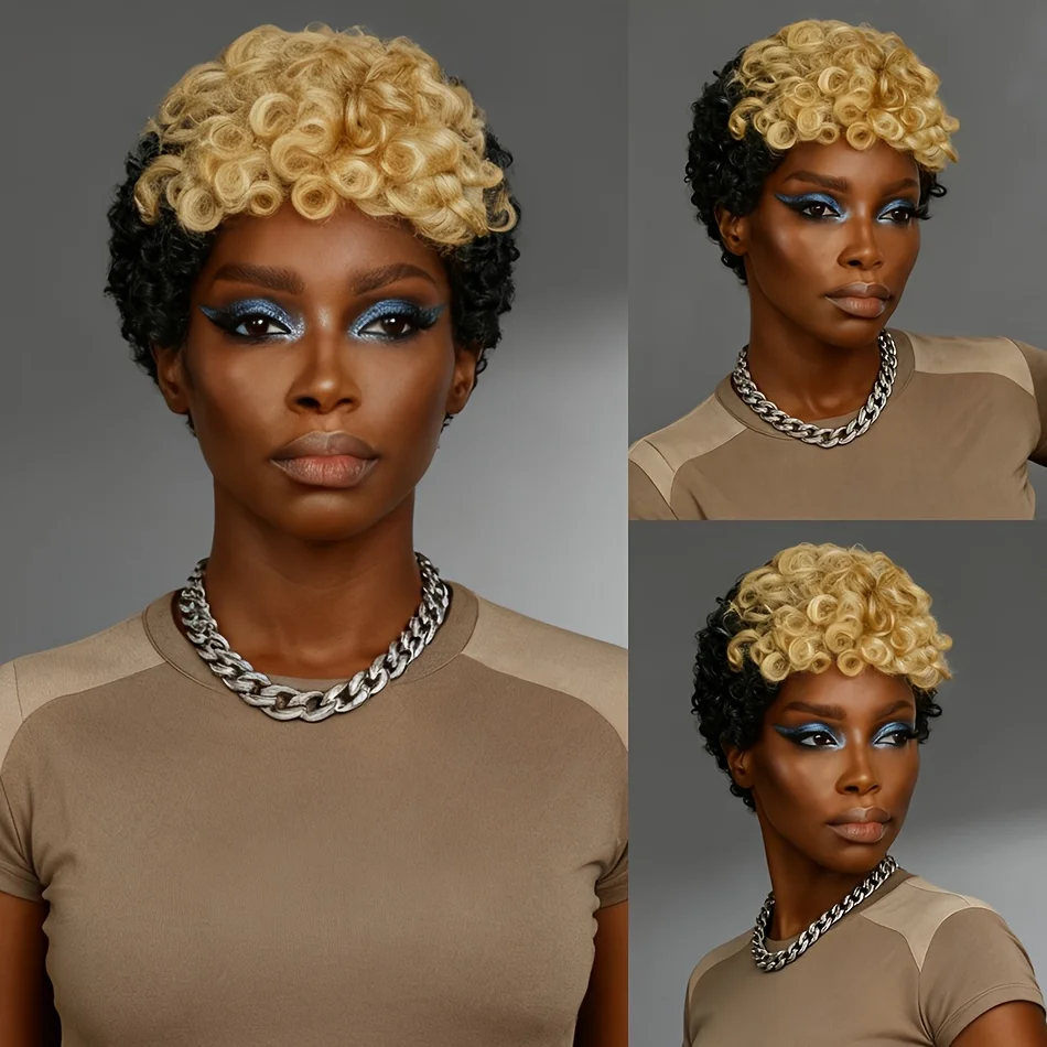 1B/27 Черные смешанные блондинки с короткими вьющимися волнами, парики с стрижкой пикси для женщин, бразильские девственные человеческие волосы, полностью машинные парики
1B/27 Черные смешанные блондинки с короткими вьющимися волнами, парики с стрижкой пикси для женщин, бразильские девственные человеческие волосы, полностью машинные парики